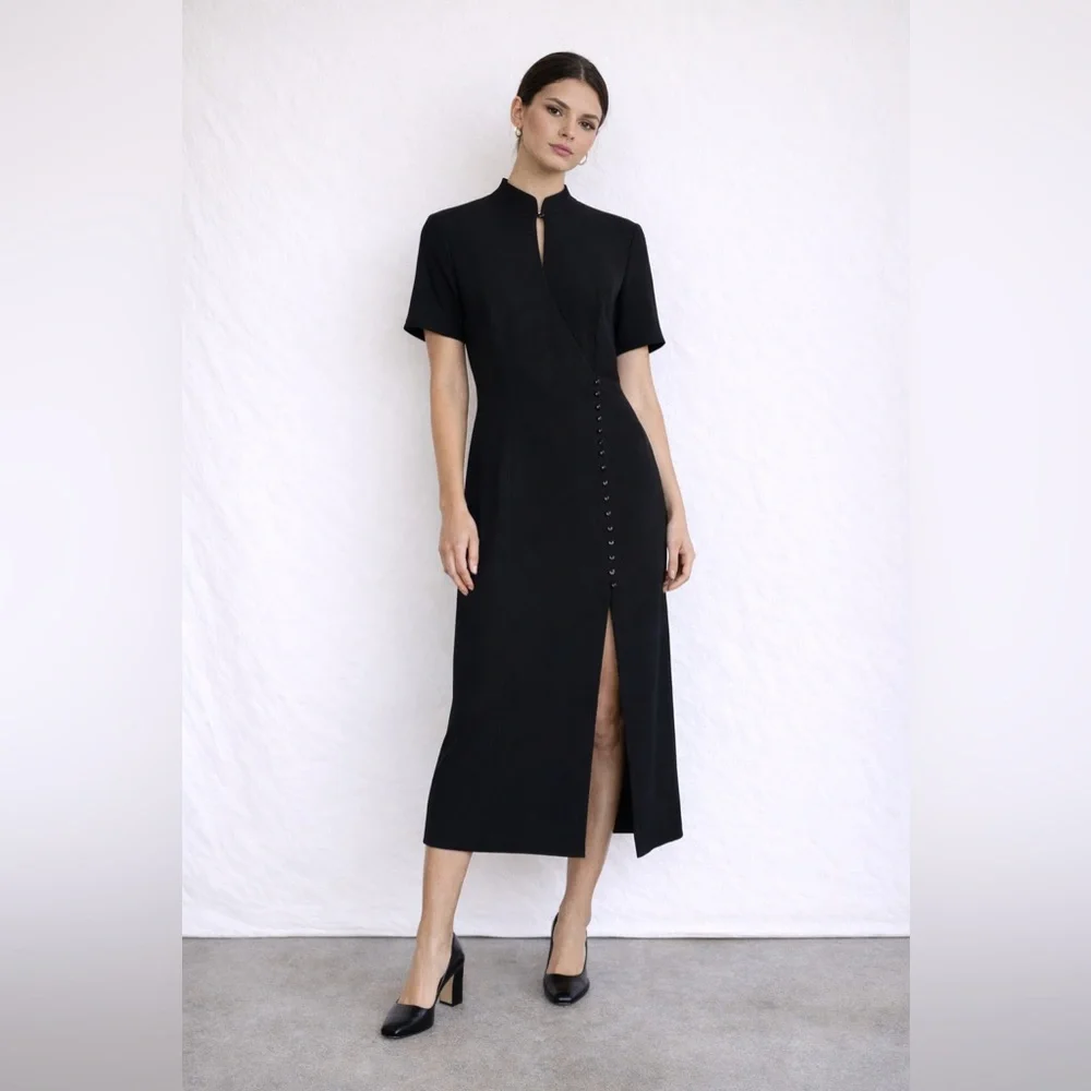 Vintage Liz Claiborne Black Mock Neck Midi Dress 12 Korea 90s Minimalist - Picture 1 of 13